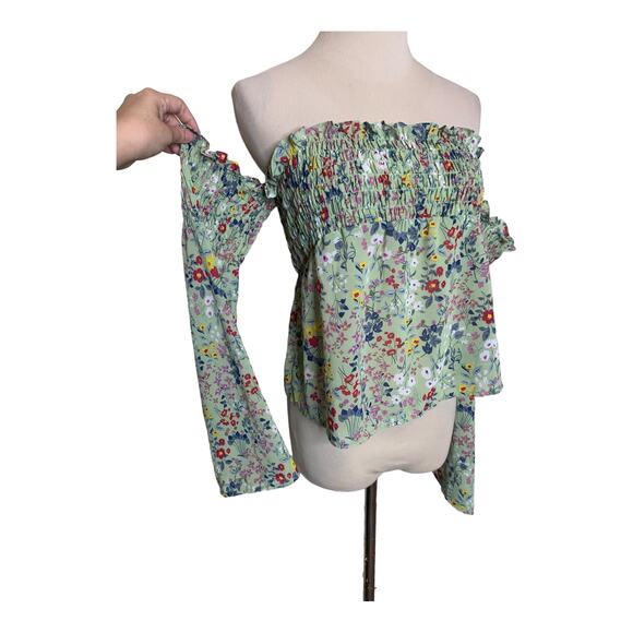 Glamorous green floral long sleeves off shoulders cropped top size Medium - Picture 4 of 11